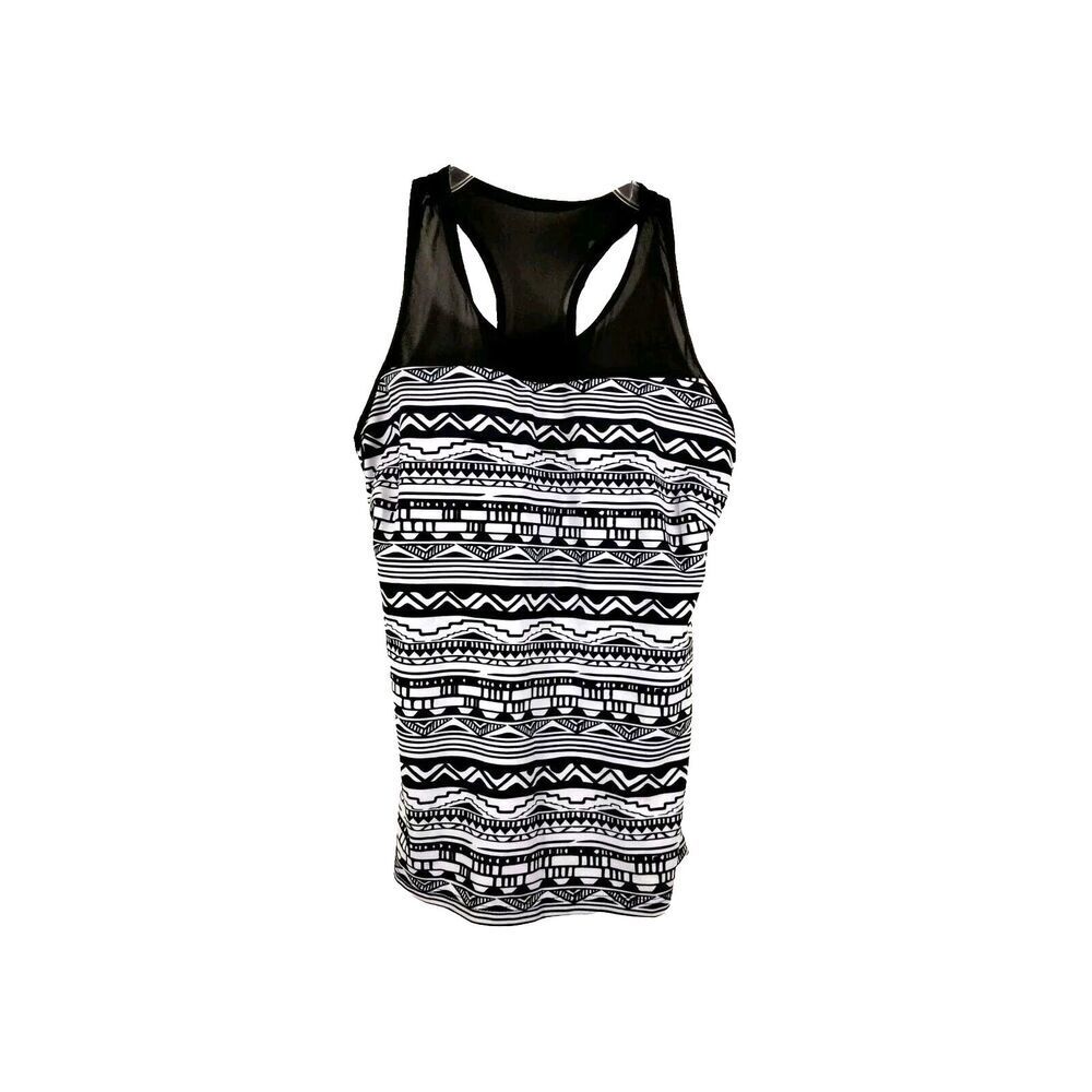 Yonique Woman's XS Tankini Swimsuit Top Black White Built in Bra Adjustable